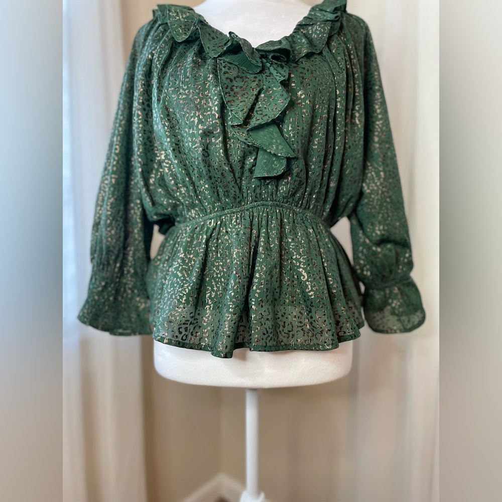 ENTRO Shimmer Leopard Print V-Neck Peplum Top Green Gold Artsy Quirky Size S NWT - Picture 9 of 12